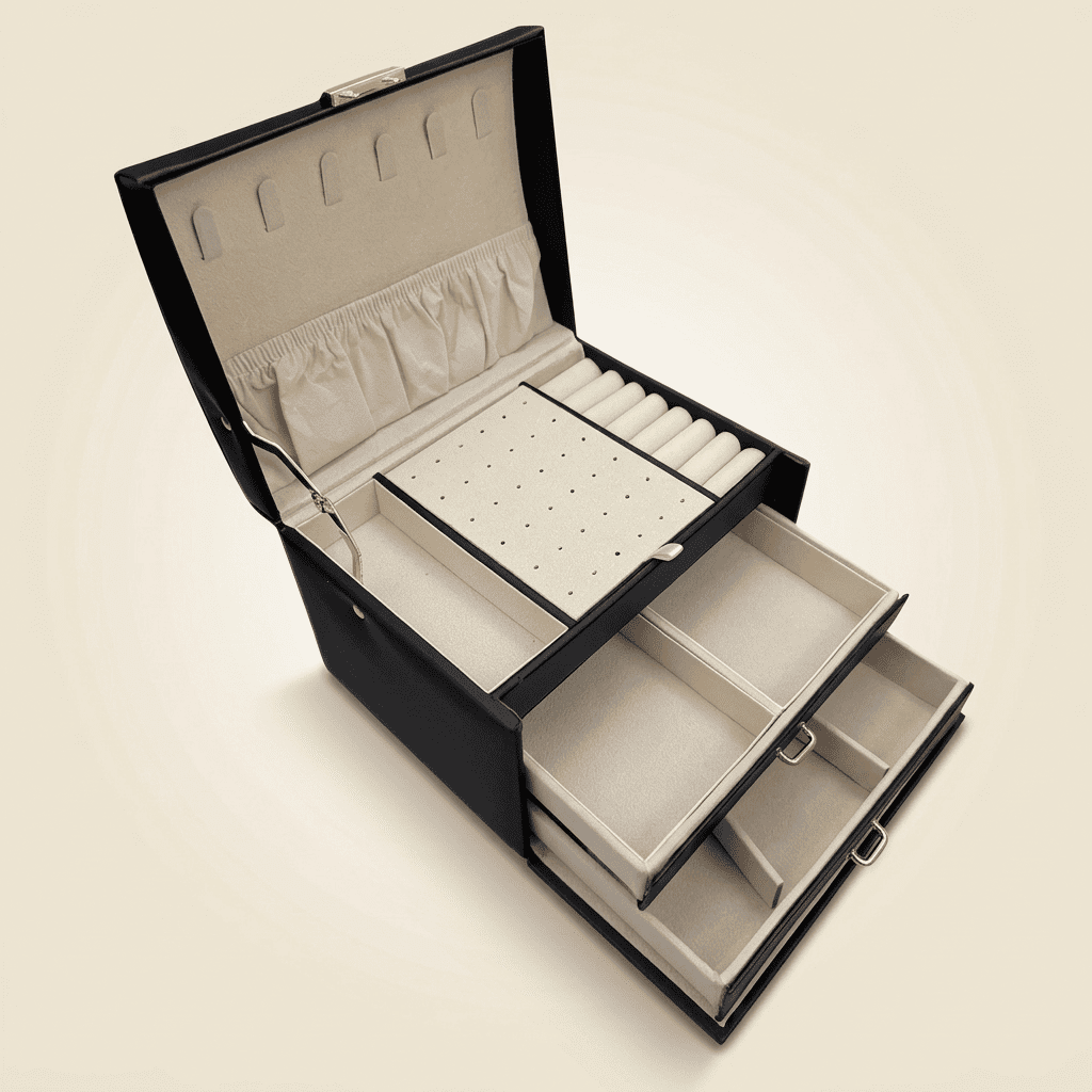 Elarys, coffret à bijoux en cuir verrouillable 3 niveaux, coloris noir