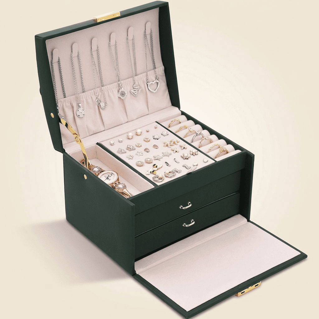 Elarys, coffret à bijoux en cuir verrouillable, vue ouverte avec compartiments