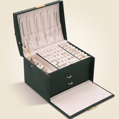 Elarys, coffret à bijoux en cuir verrouillable, vue ouverte avec compartiments