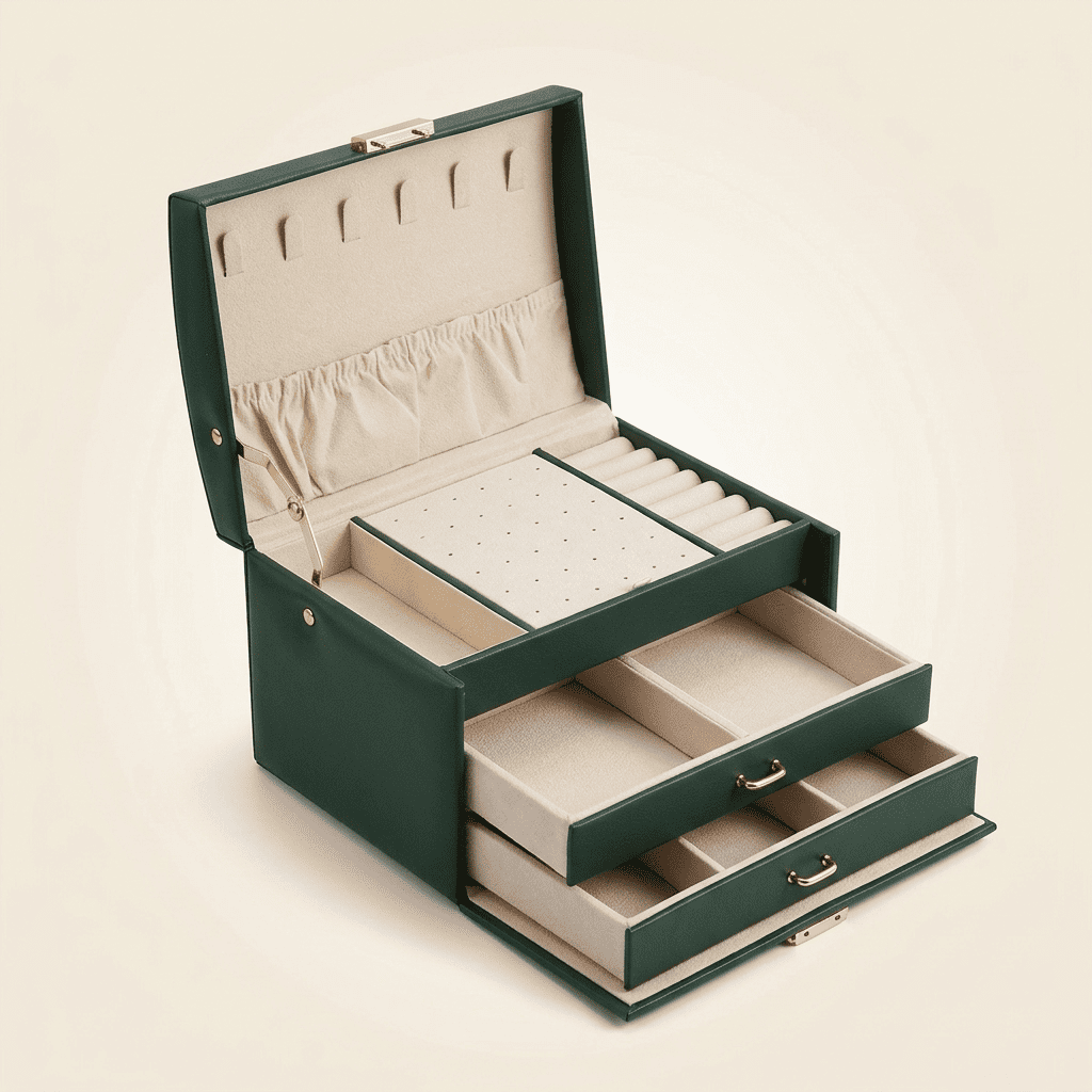 Elarys, coffret à bijoux en cuir verrouillable 3 niveaux, coloris vert