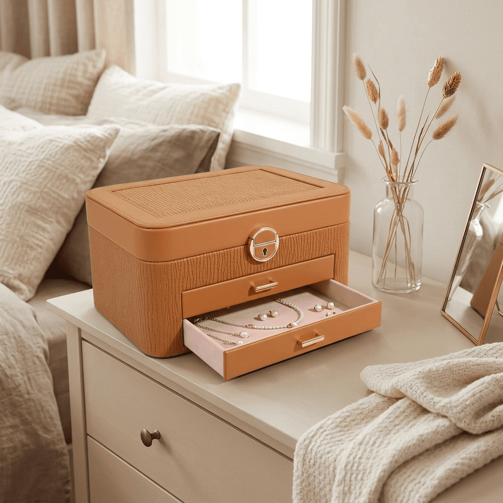 Élégélys, grande boîte à bijoux posée sur une commode