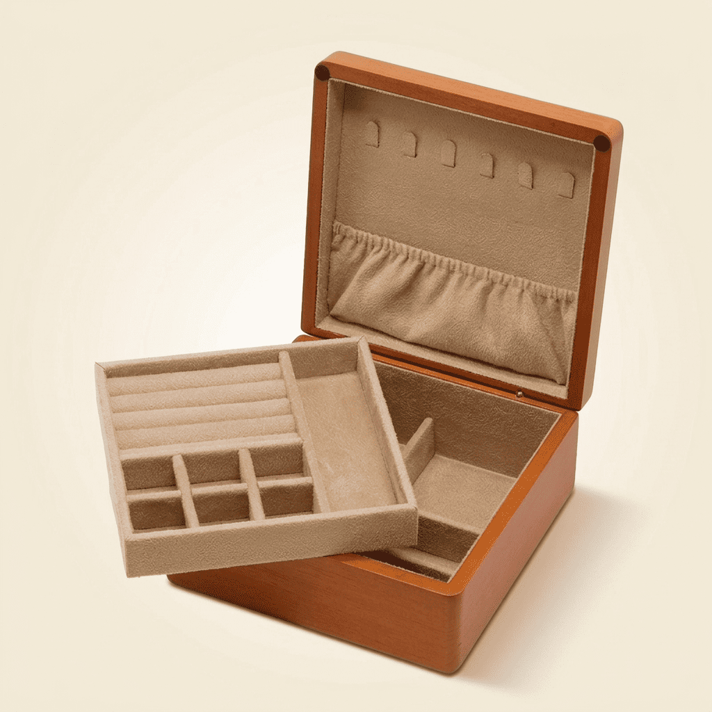 Fleurys, boîte à bijoux en bois massif à 2 niveaux, coloris beige