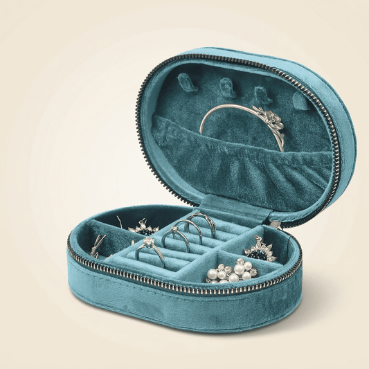 Jadélys, petite boîte à bijoux ovale en velours de voyage, coloris bleu