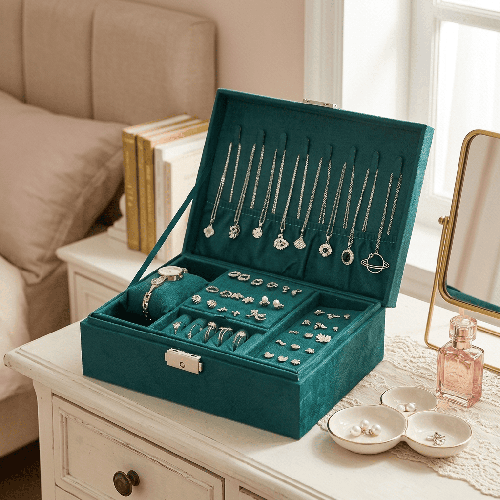 Lunys, coffret à bijoux en velours vert posé en mise en scène