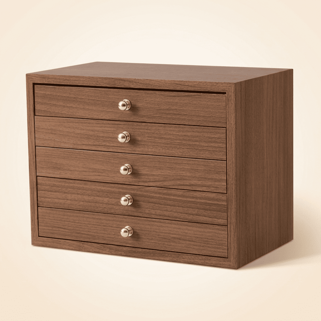 Majestys, grande boîte à bijoux en bois massif 5 tiroirs, vue fermée