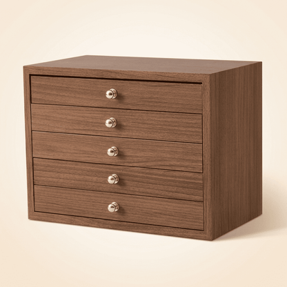 Majestys, grande boîte à bijoux en bois massif 5 tiroirs, vue fermée