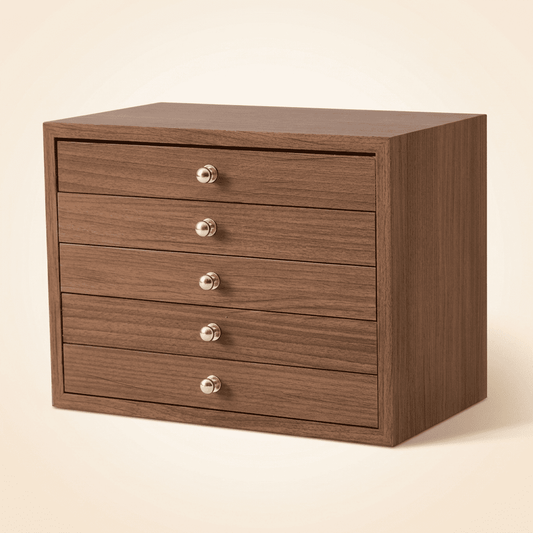 Majestys, grande boîte à bijoux en bois massif 5 tiroirs, vue fermée
