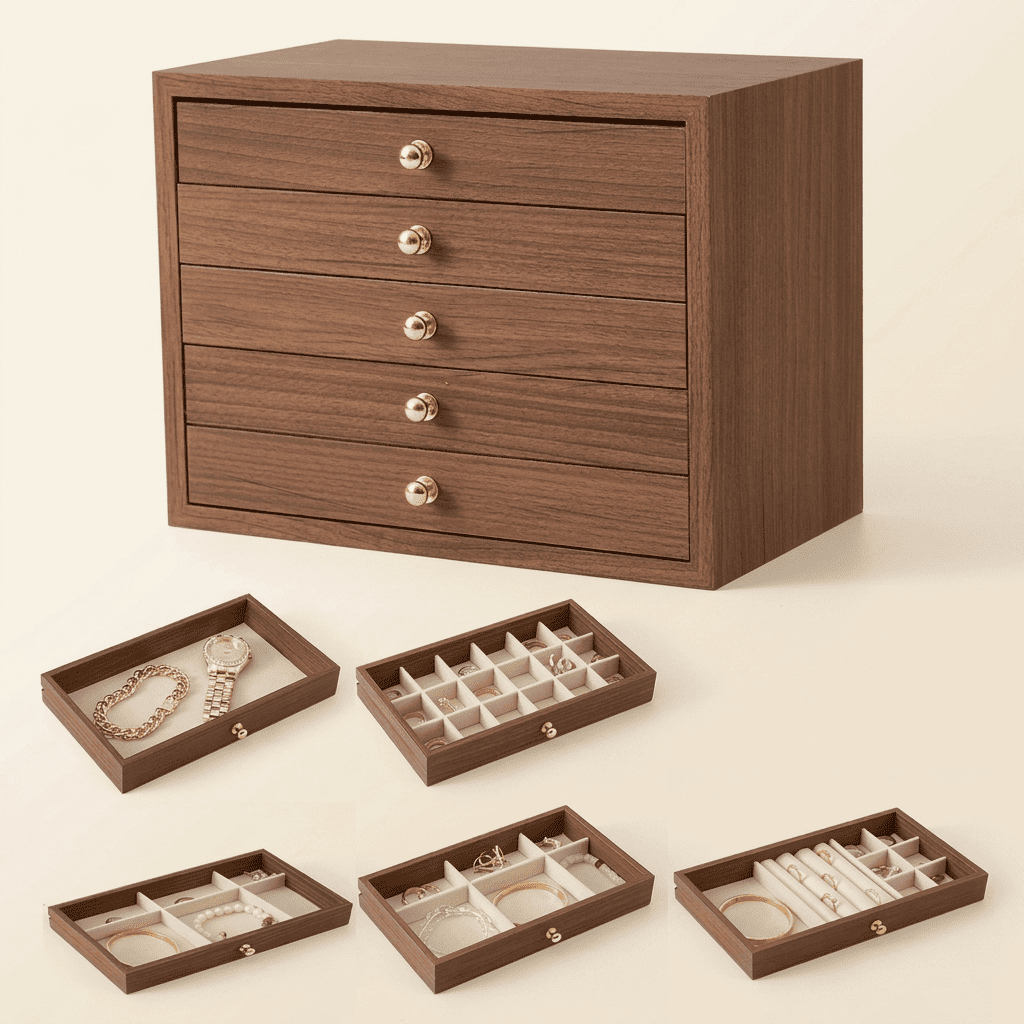 Majestys, grande boîte à bijoux en bois massif, vue ouverte avec tiroirs