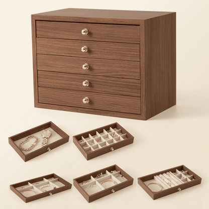 Majestys, grande boîte à bijoux en bois massif, vue ouverte avec tiroirs