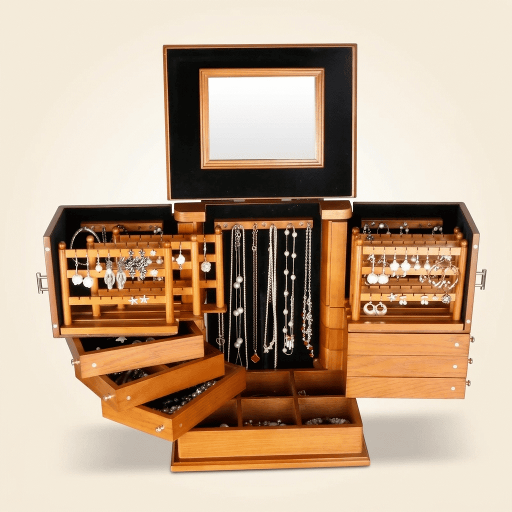 Marbrys, grand coffret à bijoux en bois et miroir, rangement déplié, vue 1