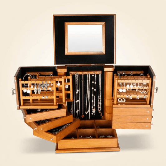 Marbrys, grand coffret à bijoux en bois et miroir, rangement déplié, vue 1
