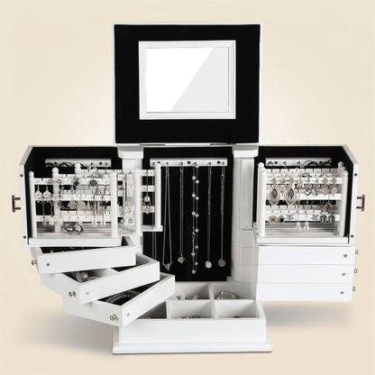 Marbrys, grand coffret à bijoux en bois et miroir, rangement déplié, vue 3