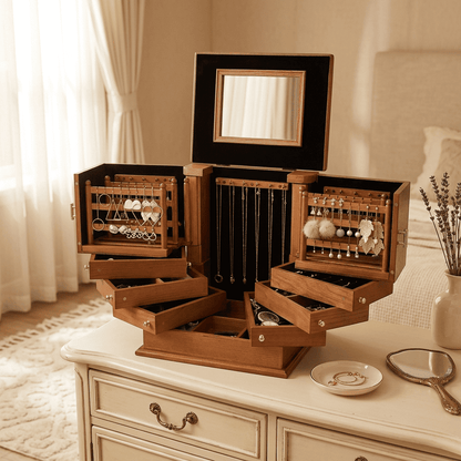 Marbrys, grand coffret à bijoux en bois posé en mise en scène