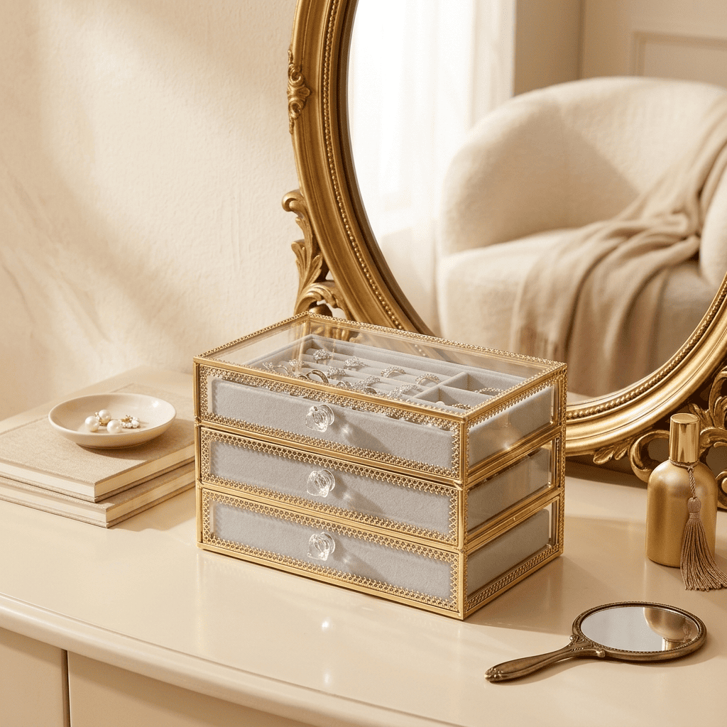 Miralys, coffret à bijoux en verre posé en mise en scène