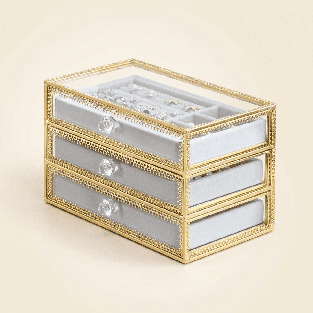 Miralys, coffret à bijoux en verre et cuivre doré, modèle 3 tiroirs
