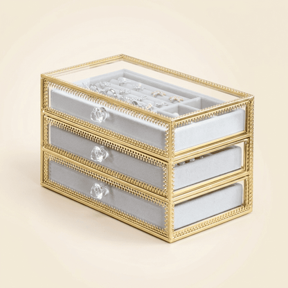 Miralys, coffret à bijoux en verre et cuivre doré, modèle 3 tiroirs