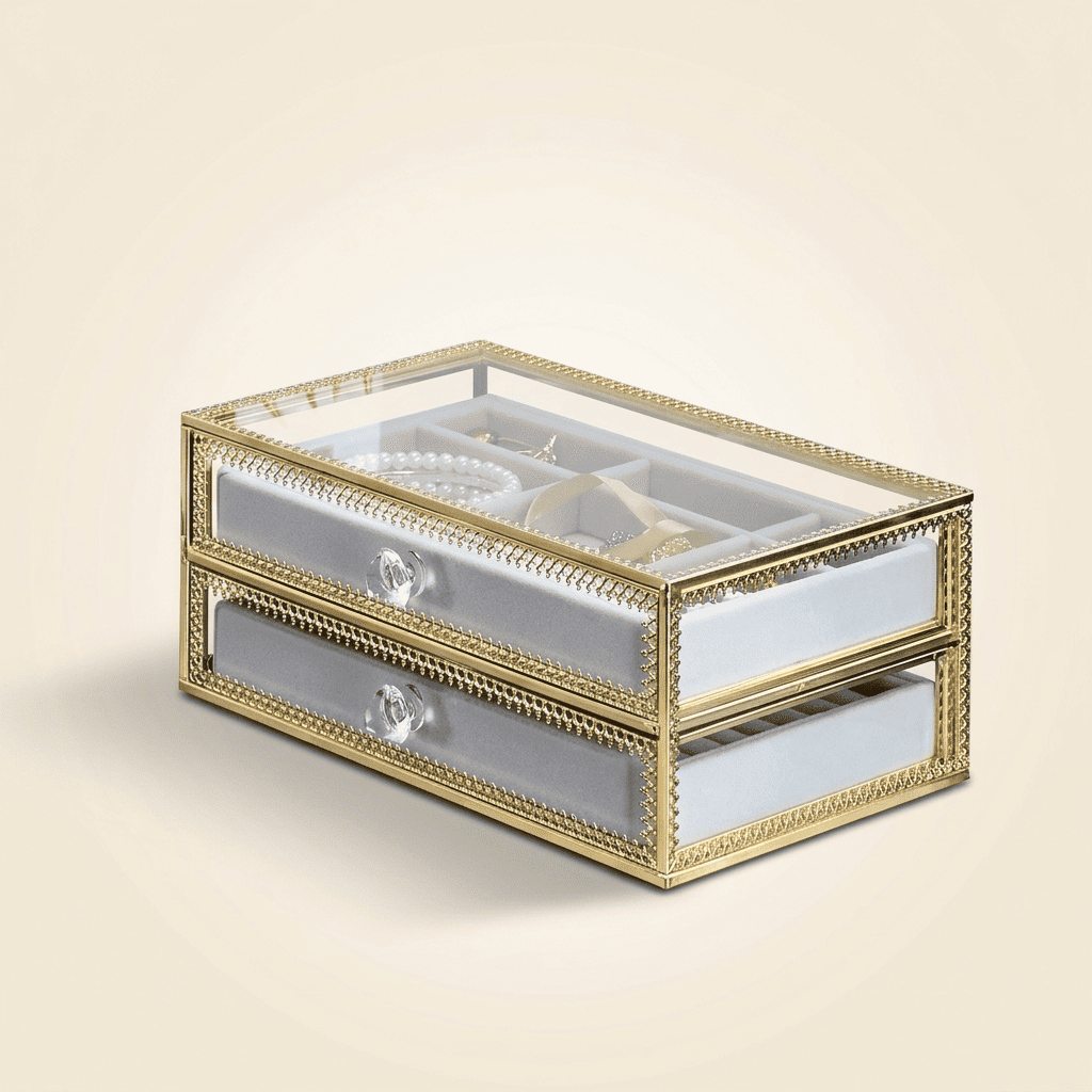 Miralys, coffret à bijoux en verre et cuivre doré, modèle 2 tiroirs