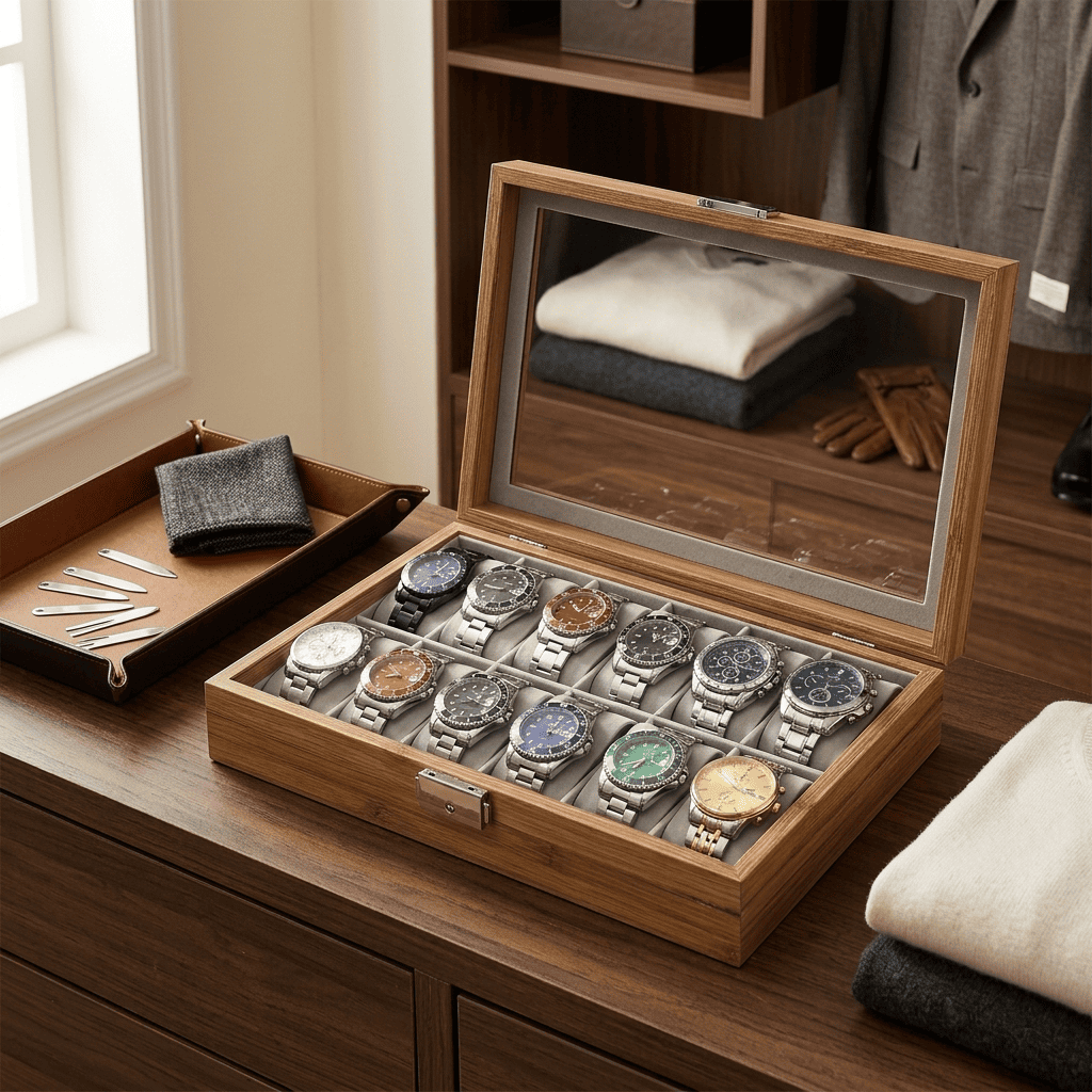 Muselys, coffret à montres en bambou posé en mise en scène