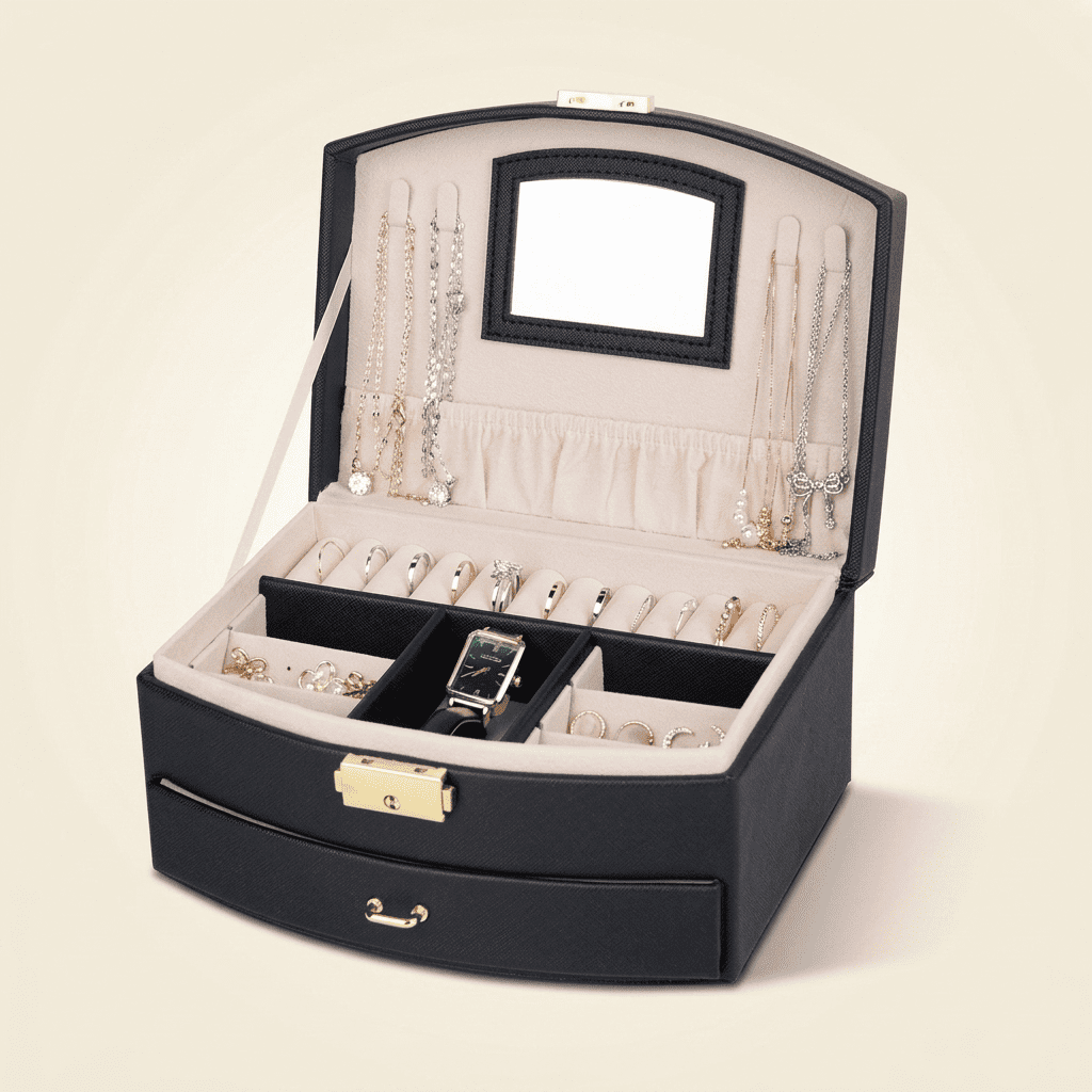 Noblys, boîte à bijoux cuir à tiroir et miroir, coloris noir