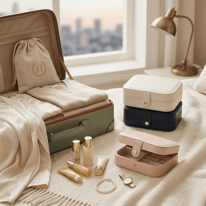 Nomadys, petite boîte à bijoux en cuir posée en contexte de voyage