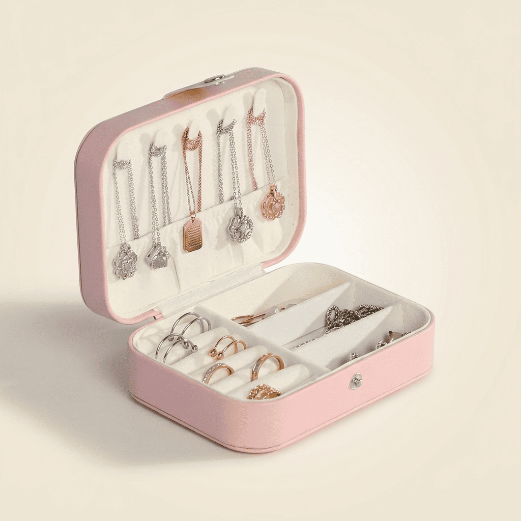 Nomadys, petite boîte à bijoux cuir de voyage, coloris rose, vue ouverte
