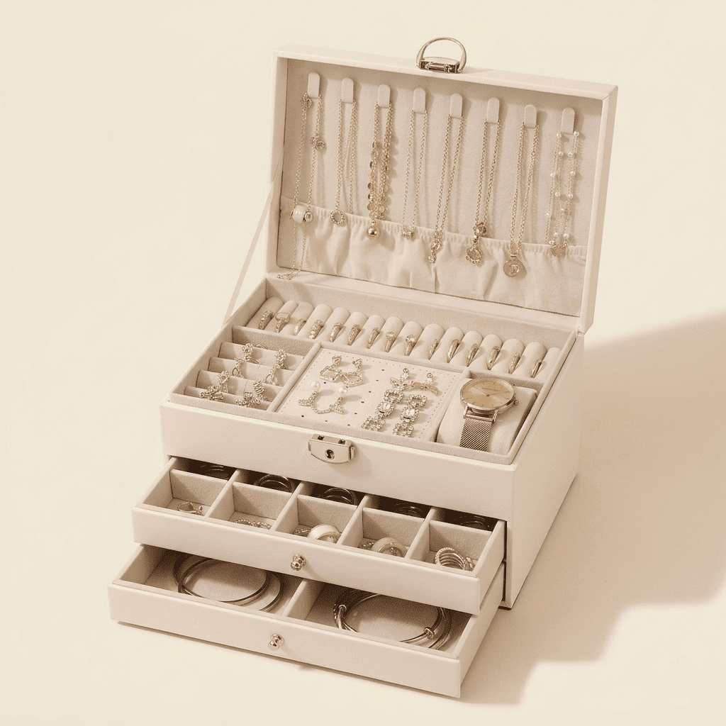 Précielys, grande boîte à bijoux en cuir 2 tiroirs, coloris blanc