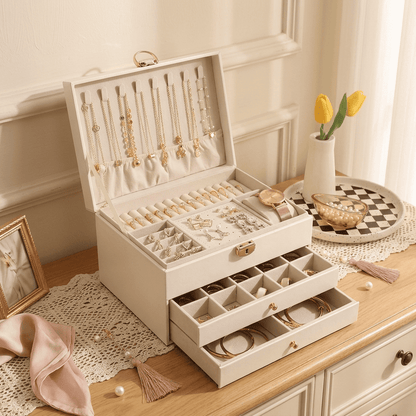 Précielys, grande boîte à bijoux en cuir posée sur un meuble