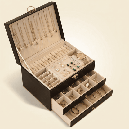 Précielys, grande boîte à bijoux en cuir 2 tiroirs, coloris noir