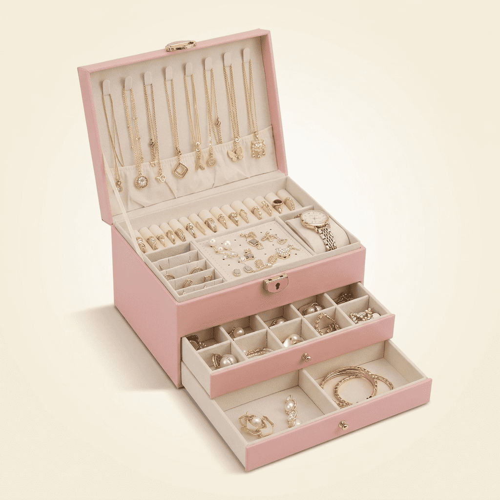Précielys, grande boîte à bijoux en cuir 2 tiroirs, coloris rose