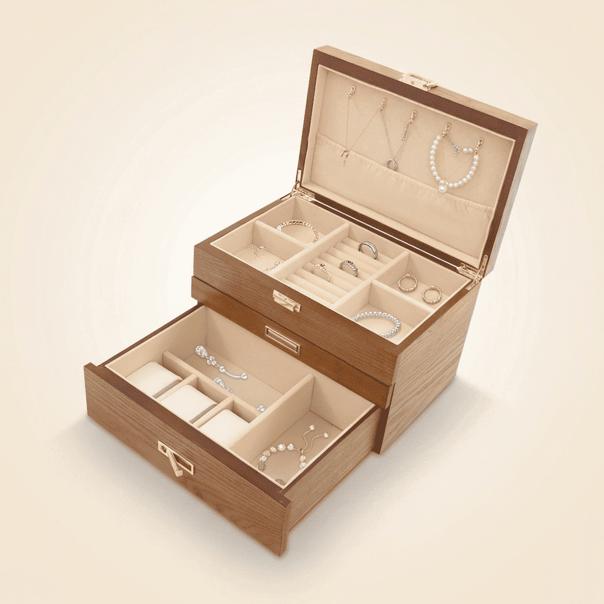 Chatelys, grande boîte à bijoux en bois 2 tiroirs luxe, vue ouverte