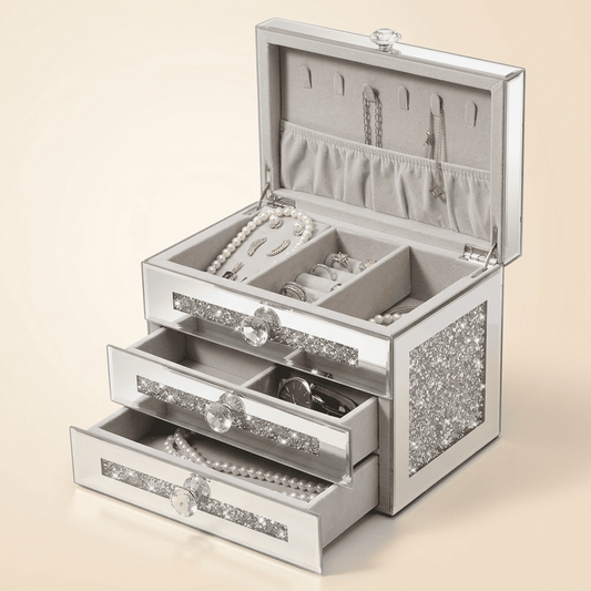 Reflélys, grand coffret à bijoux en verre miroir et bois, coloris argenté