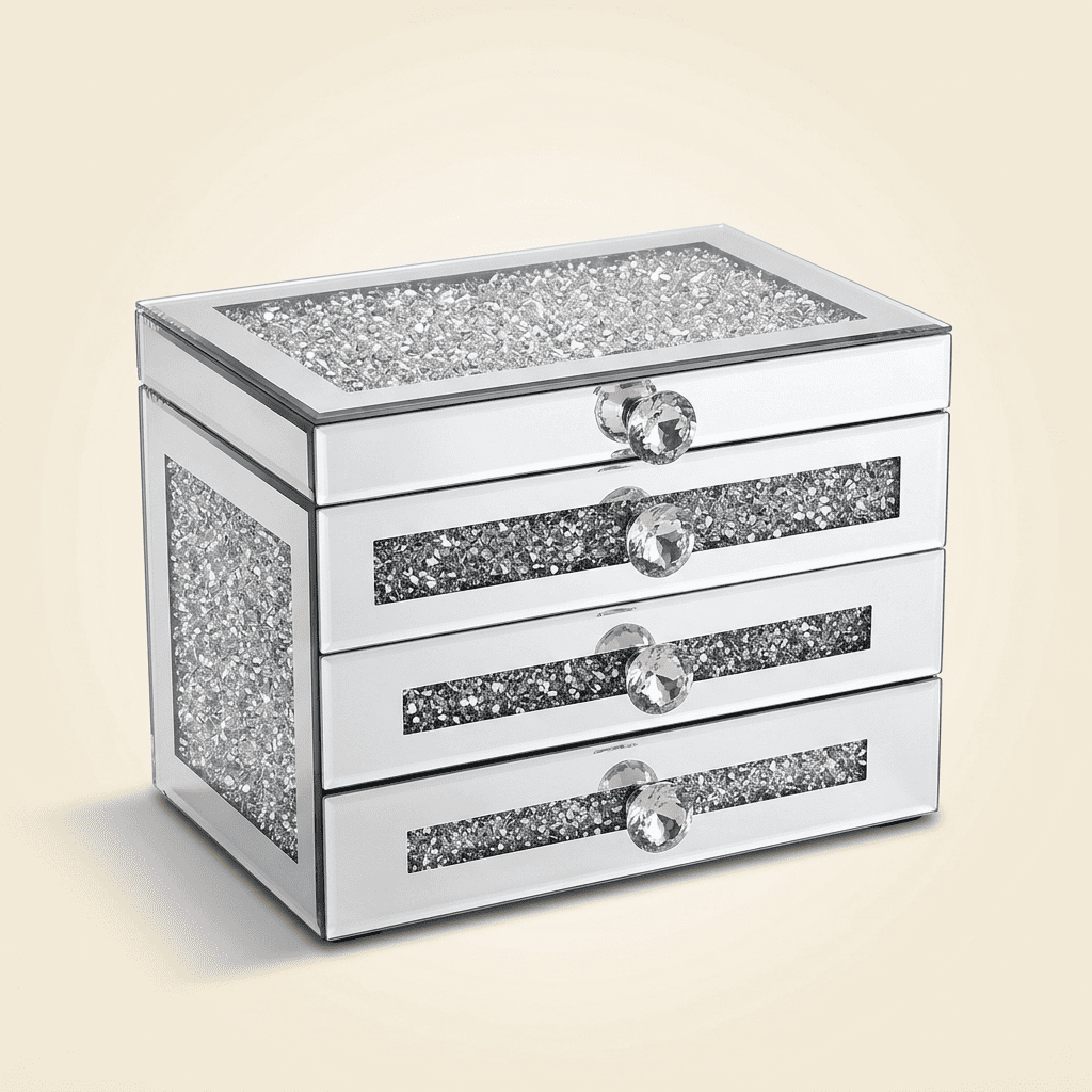 Reflélys, grand coffret à bijoux en verre miroir et bois, vue fermée