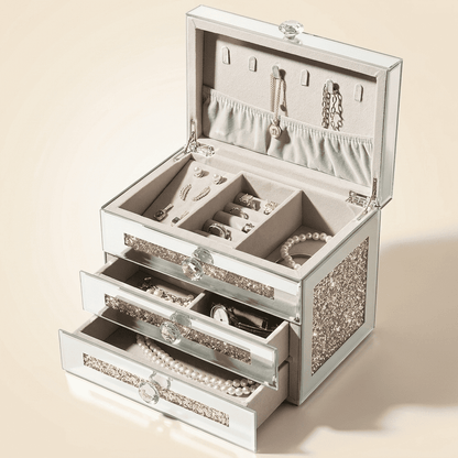 Reflélys, grand coffret à bijoux en verre miroir et bois, coloris rose