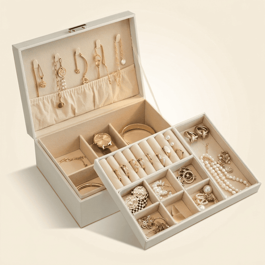 Royélys, boîte à bijoux en cuir 2 niveaux, coloris blanc