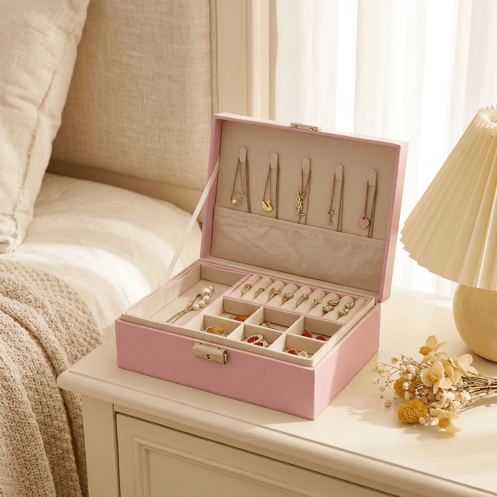 Royélys, boîte à bijoux en cuir posée sur une commode
