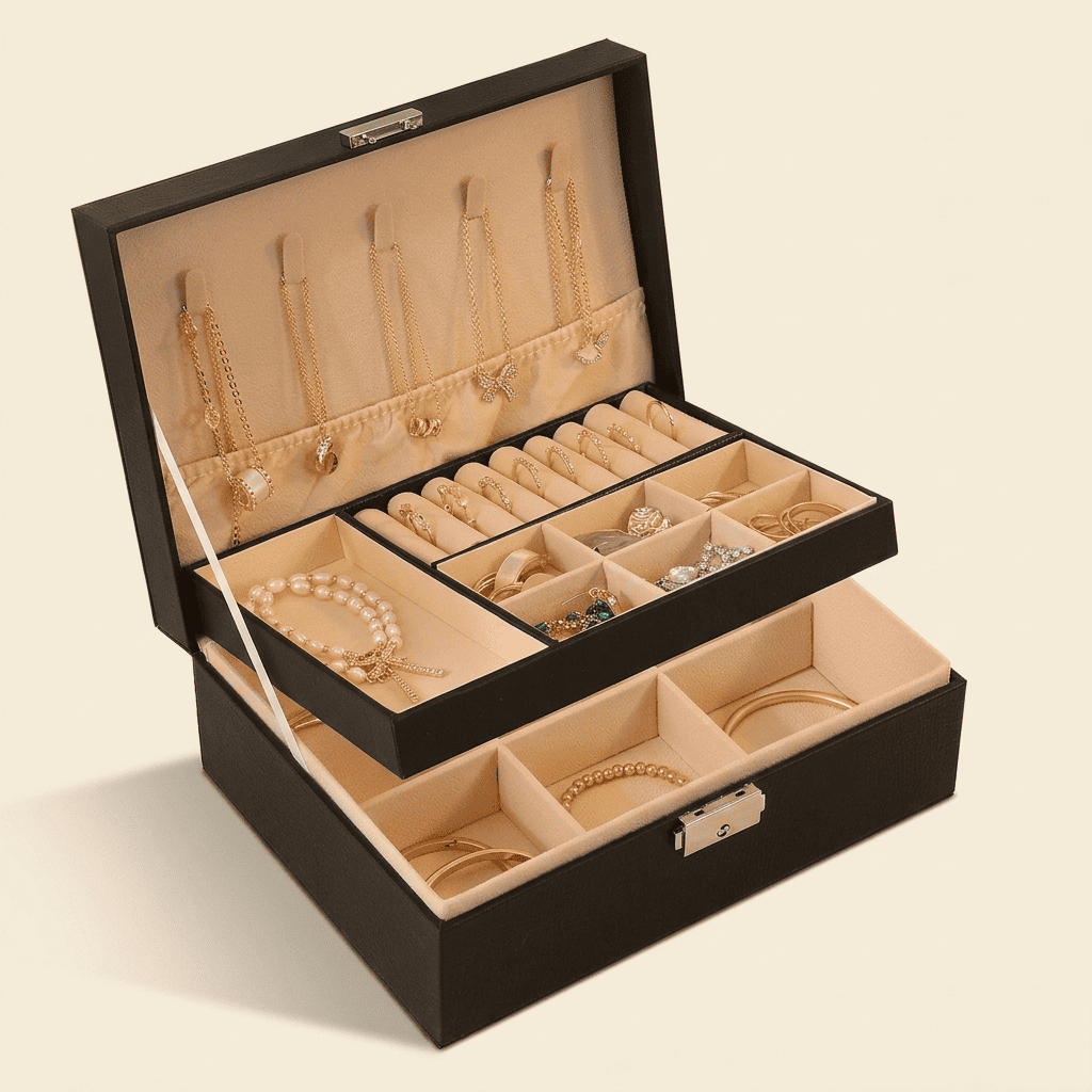 Royélys, boîte à bijoux en cuir 2 niveaux, coloris noir