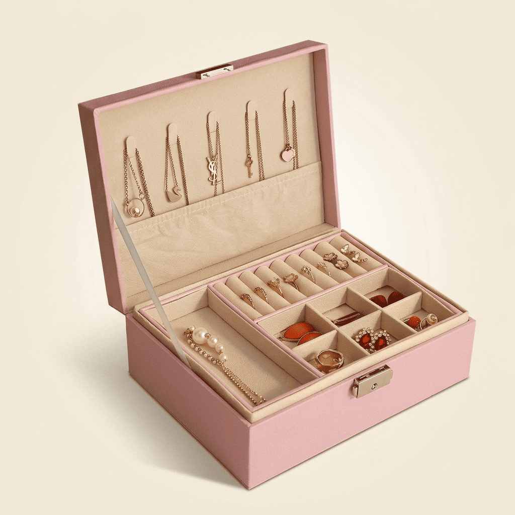 Royélys, boîte à bijoux en cuir 2 niveaux, coloris rose