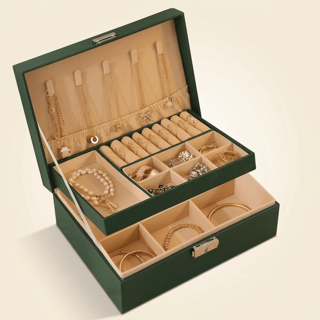 Royélys, boîte à bijoux en cuir 2 niveaux, coloris vert