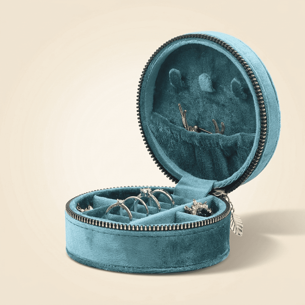 Véluxys, petite boîte à bijoux ronde en velours de voyage, coloris bleu
