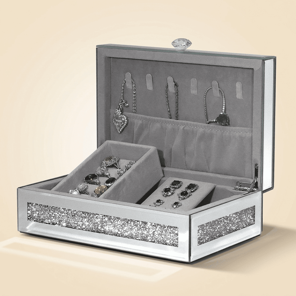 Secrélys, grand coffret à bijoux en verre miroir et bois, coloris argenté