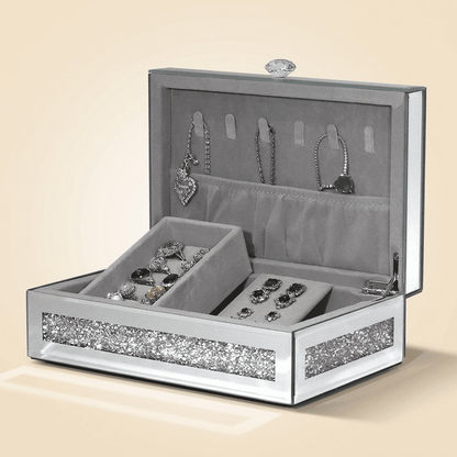 Secrélys, grand coffret à bijoux en verre miroir et bois, coloris argenté