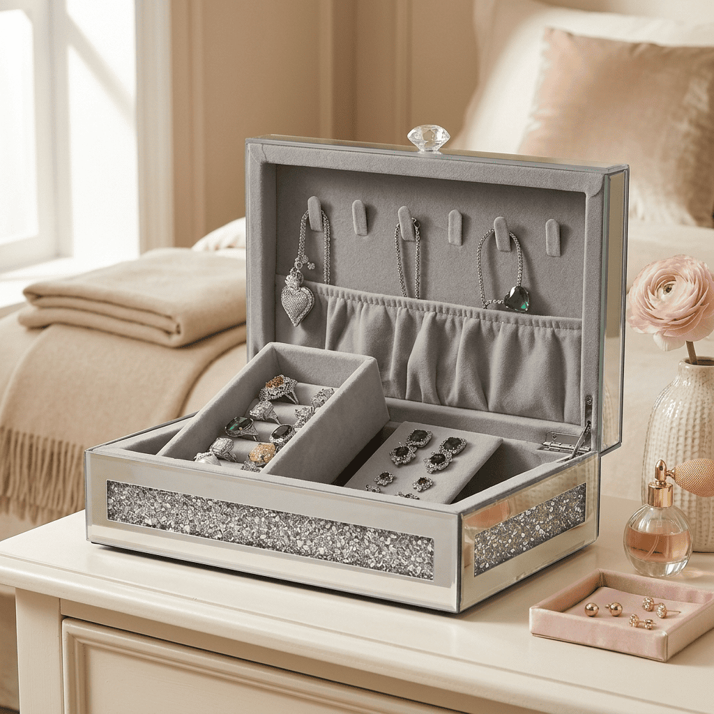 Secrélys, grand coffret à bijoux en verre posé en mise en scène