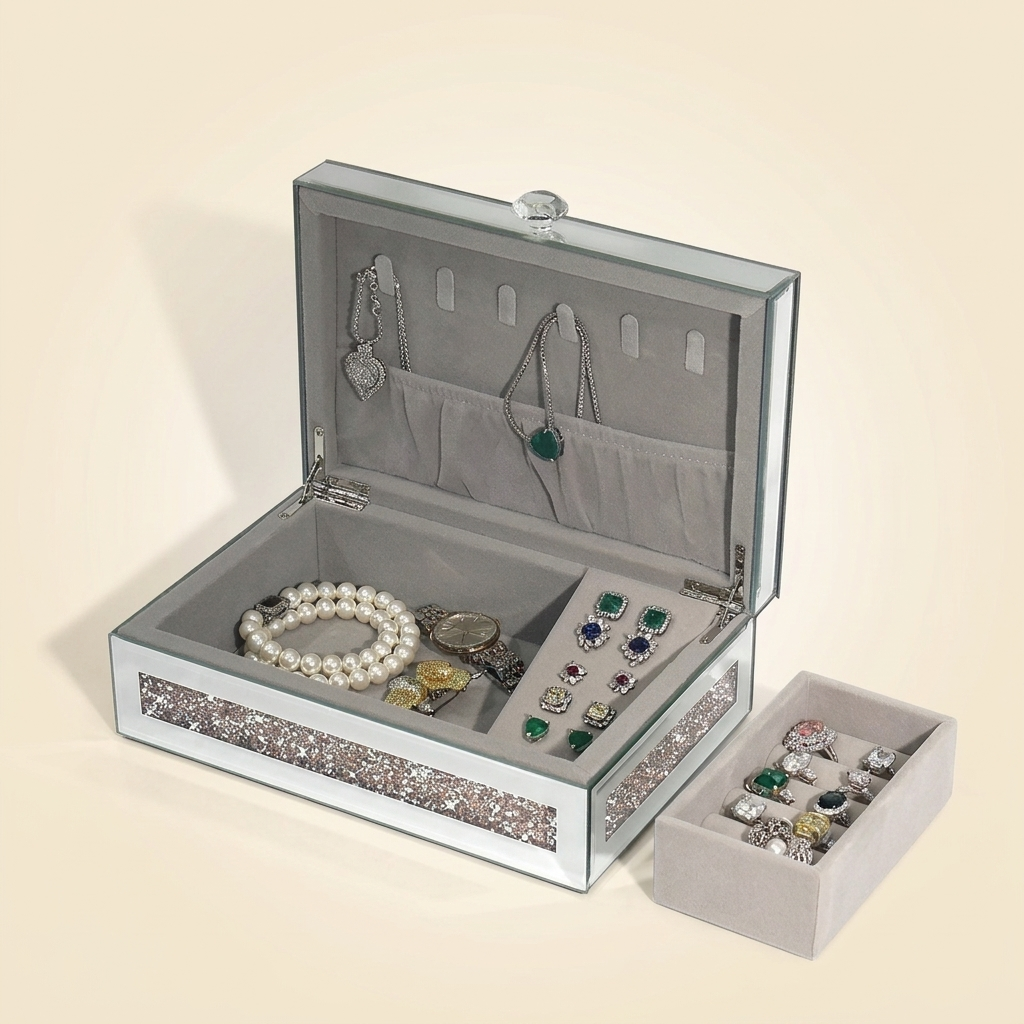 Secrélys, grand coffret à bijoux en verre miroir et bois, coloris rose