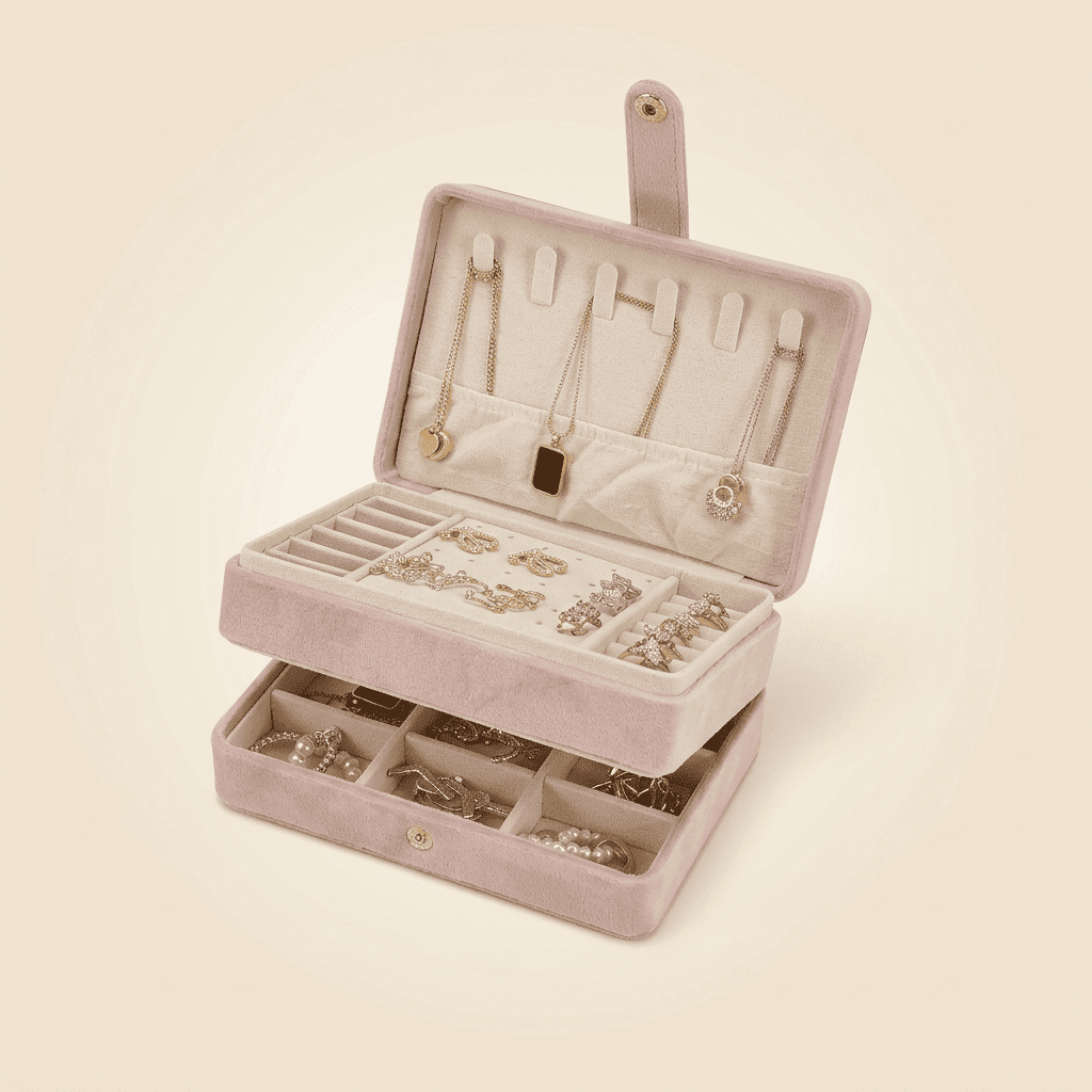 Séraphys, petite boîte à bijoux en velours de voyage à 2 niveaux, coloris rose