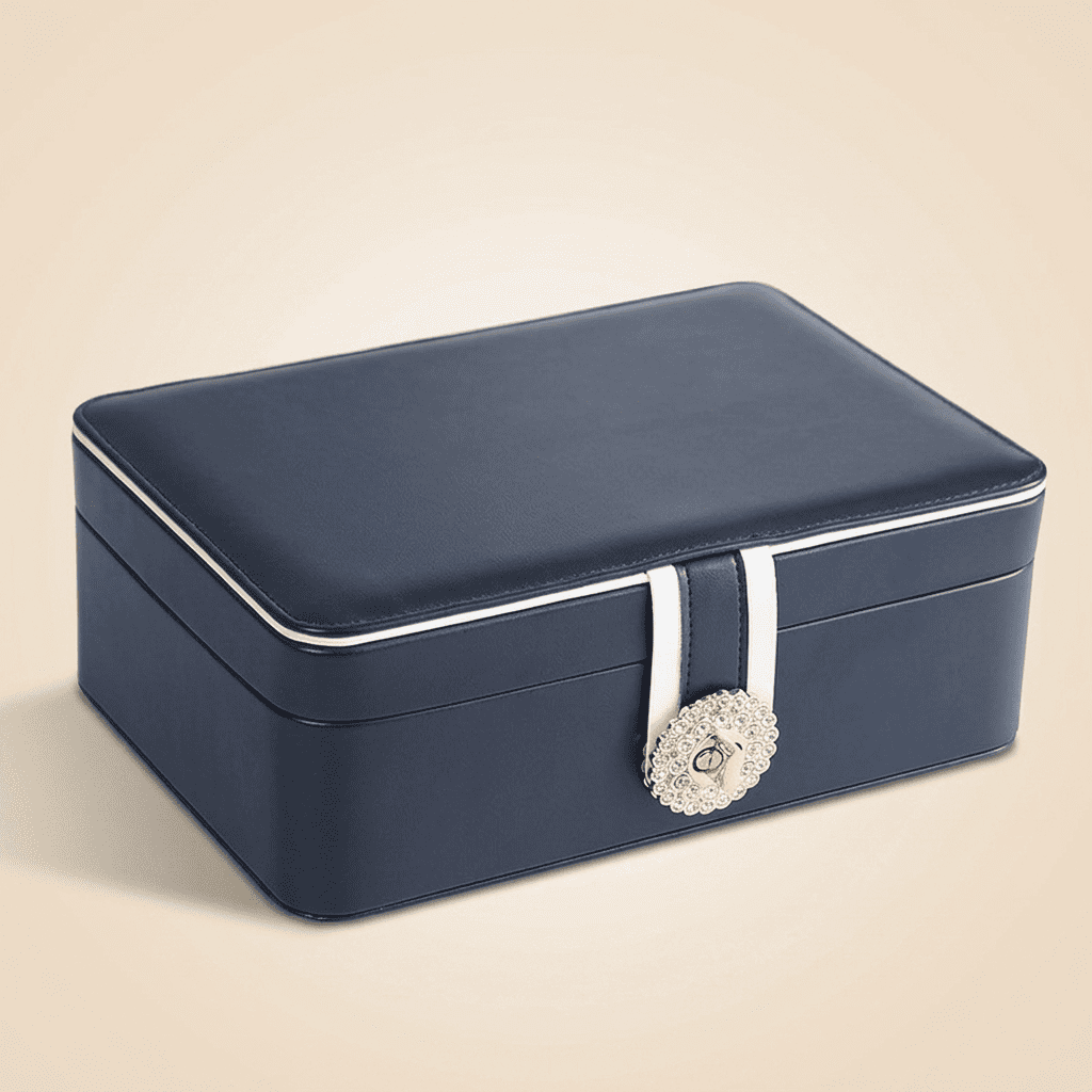 Sérénys, grand coffret à bijoux cuir 2 niveaux XL luxe, coloris bleu marine