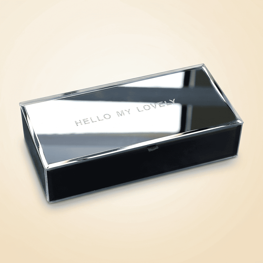 Trésorys, petite boîte à bijoux en verre miroir, finition grise gravée « Hello My Lovely »