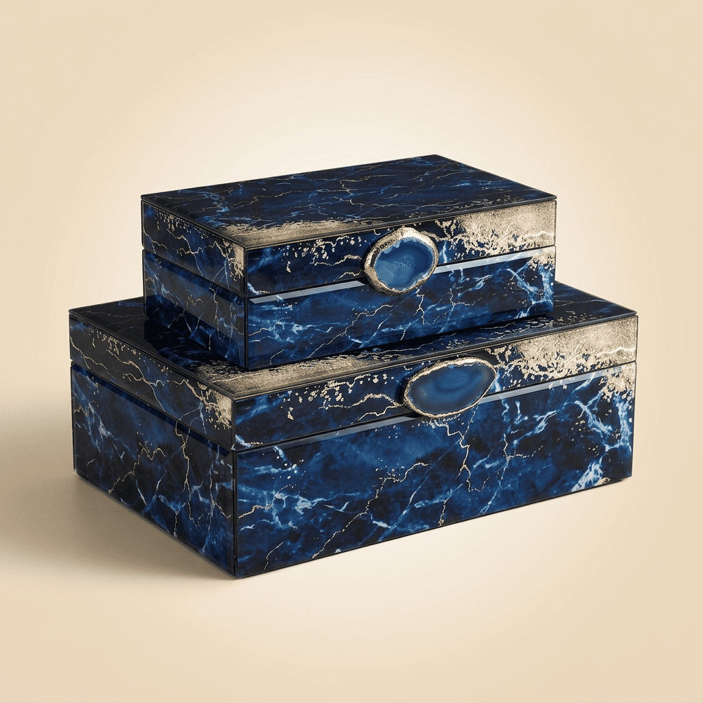 Vaguelys, boîte à bijoux en verre effet marbre bleu marine, modèle duo