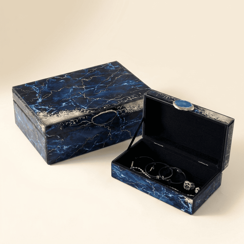 Vaguelys, boîte à bijoux en verre effet marbre, modèle duo, vue ouverte