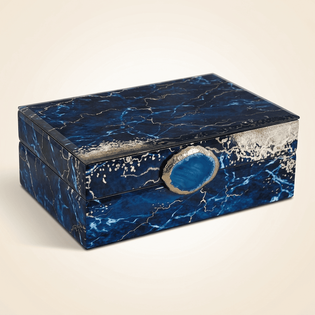 Vaguelys, boîte à bijoux en verre effet marbre bleu marine, modèle grande taille