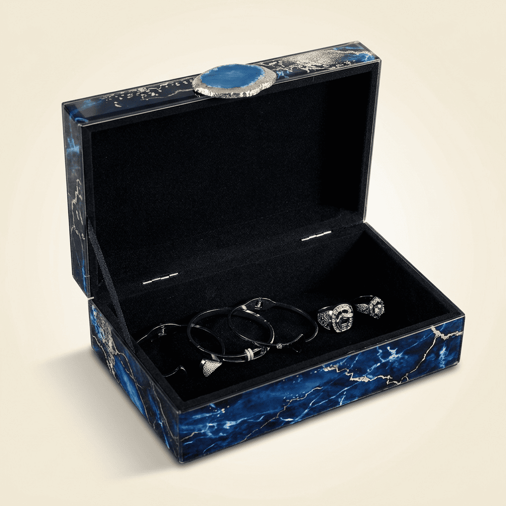 Vaguelys, boîte à bijoux en verre effet marbre bleu marine, modèle petite taille